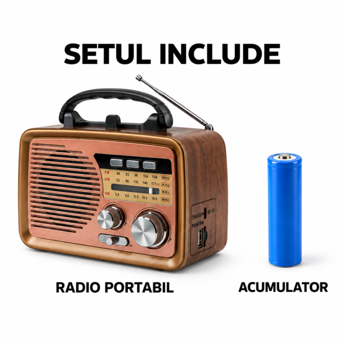 Radio portabil retro VarioShop® cu Bluetooth, benzi AM/FM/SW, USB, Micro SD, antena telescopica si acumulator, 16,5 × 9 × 13 cm, maro [5]