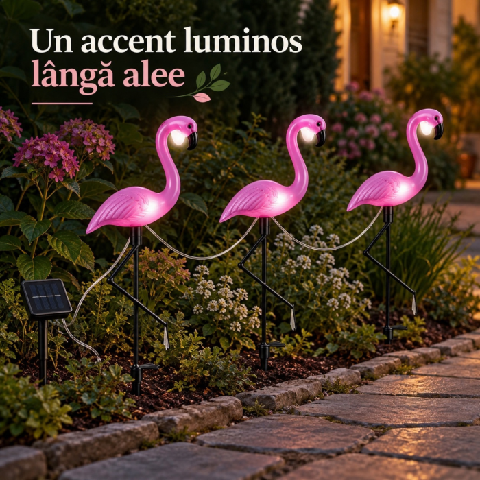 Set 3 lampi solare flamingo VarioShop, pentru decorarea gradinii, aprindere automata, 6 LED-uri, lumina alba, IP44, 52 cm, mov - VarioShop [4]