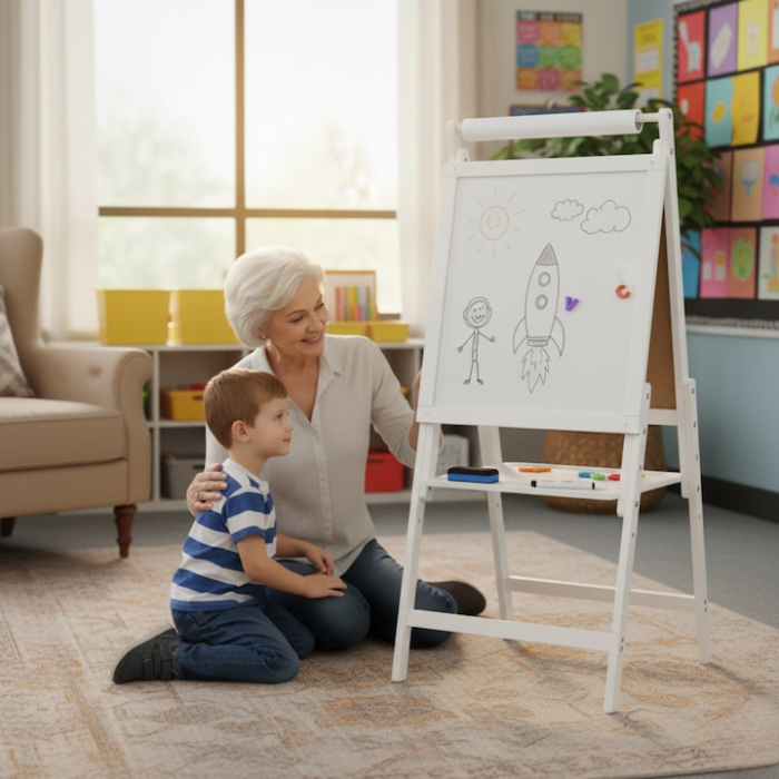 Tabla educativa magnetica fata-verso 2 in 1 VarioShop®, pentru copii, suport din lemn, cu litere magnetice si accesorii incluse, 43 x 32 x 115 cm [5]