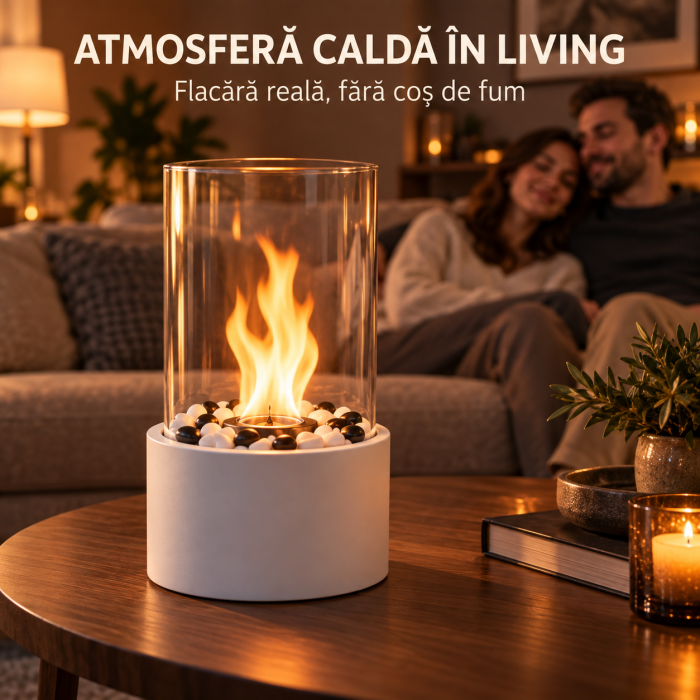 Biosemineu de masa VarioShop® cu flacara reala, sticla securizata si pietre decorative albe si negre, functioneaza cu bioetanol, fara cos de fum, 28 × 14 cm, alb [3]
