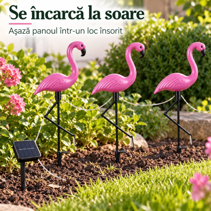 Set 3 lampi solare flamingo VarioShop, pentru decorarea gradinii, aprindere automata, 6 LED-uri, lumina alba, IP44, 52 cm, mov - VarioShop [11]