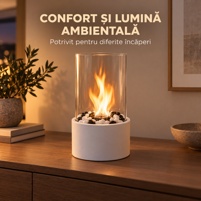 Biosemineu de masa VarioShop® cu flacara reala, sticla securizata si pietre decorative albe si negre, functioneaza cu bioetanol, fara cos de fum, 28 × 14 cm, alb [2]