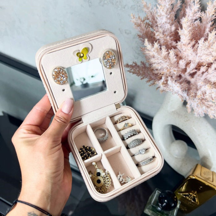 Cutie de bijuterii, 10x10cm, cu oglinda, organizator compact pentru calatorii, roz deschis [3]