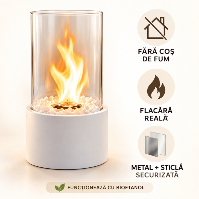 Biosemineu de masa VarioShop® cu flacara reala, sticla securizata si pietre decorative albe si negre, functioneaza cu bioetanol, fara cos de fum, 28 × 14 cm, alb [6]