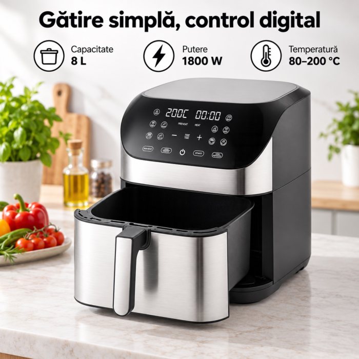 Friteuza cu aer cald VarioShop®, 8L, 10 programe automate, 1800W, gatire fara ulei pentru preparate crocante, panou digital tactil, 80-200°C, negru-argintiu [7]