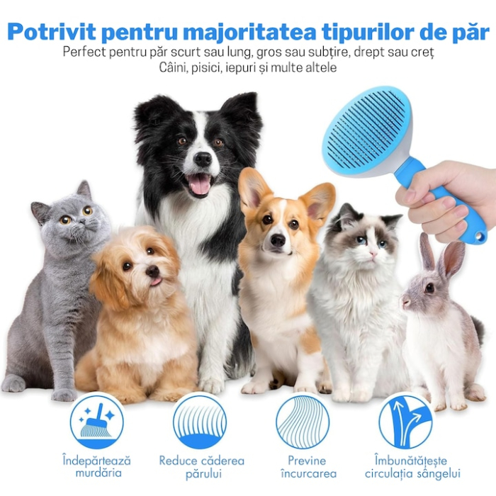 Perie pentru indepartarea parului animalelor de companie VarioShop®, pentru orice tip de blana, curatare usoara, efect de masaj, 19 x 10 x 8 cm, Albastru [5]