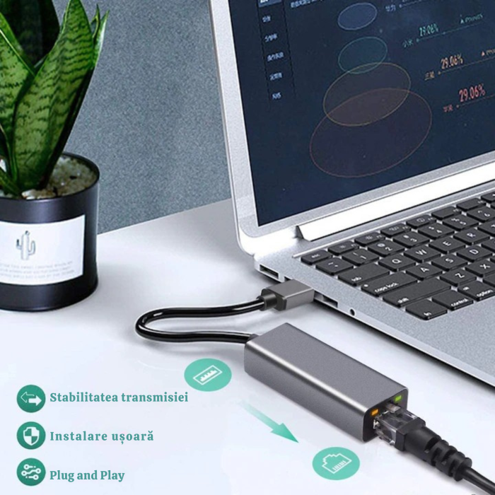 Adaptor ethernet VarioShop®, USB 3.0 la RJ45, 100 Mbps, cu indicator de putere, instalare fara actionare, compatibila cu mai multe sisteme, aliaj de aluminiu, Gri [3]