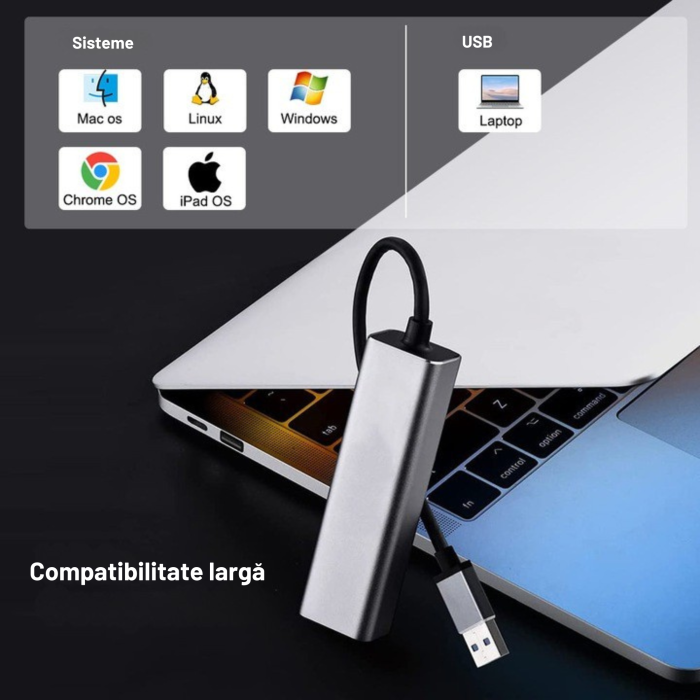 Adaptor ethernet VarioShop®, USB 3.0 la RJ45, 100 Mbps, cu indicator de putere, instalare fara actionare, compatibila cu mai multe sisteme, aliaj de aluminiu, Gri [2]