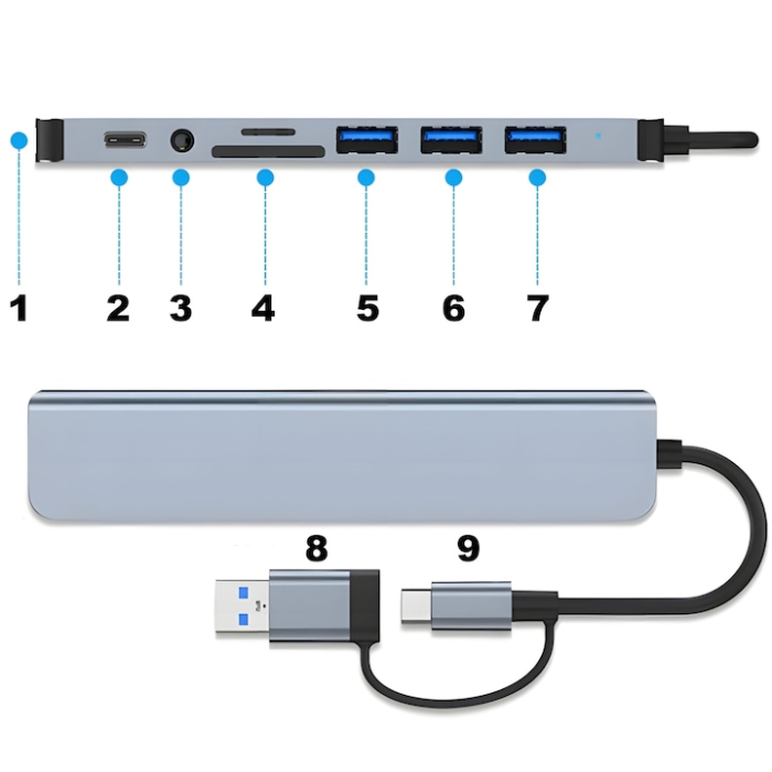 Adaptor Hub USB-C 8 in 1 VarioShop®, din aluminiu, 4x USB 3.0, sloturi microSD/SD, AUX, Power Delivery, Plug & Play, suport 4K, compatibil Windows, Mac, Android, iPad Pro [4]