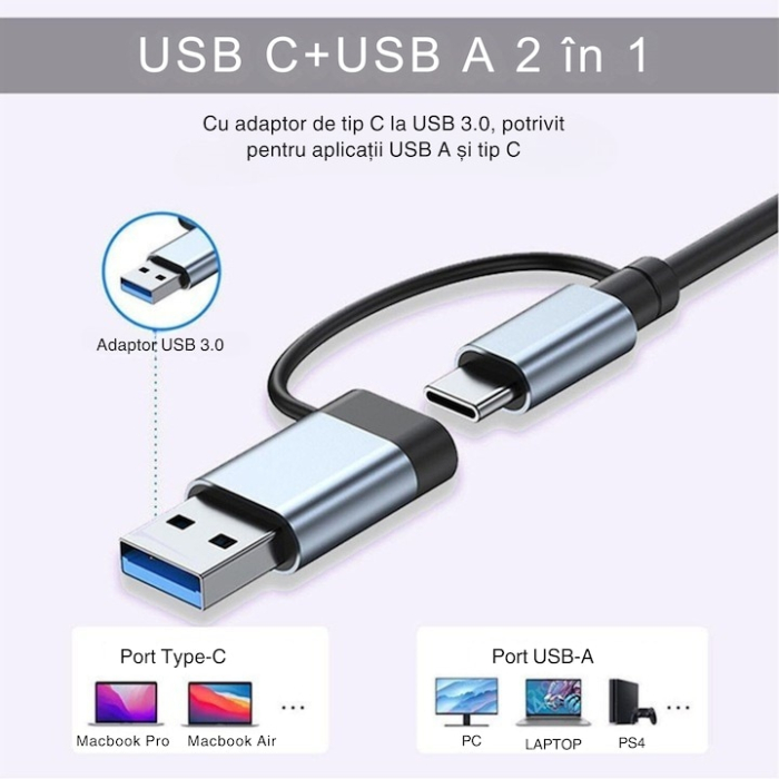 Adaptor Hub USB-C 8 in 1 VarioShop®, din aluminiu, 4x USB 3.0, sloturi microSD/SD, AUX, Power Delivery, Plug & Play, suport 4K, compatibil Windows, Mac, Android, iPad Pro [9]
