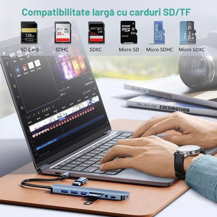 Adaptor Hub USB-C 8 in 1 VarioShop®, din aluminiu, 4x USB 3.0, sloturi microSD/SD, AUX, Power Delivery, Plug & Play, suport 4K, compatibil Windows, Mac, Android, iPad Pro [10]