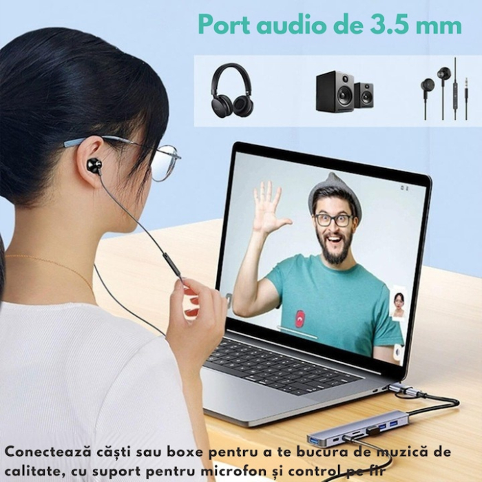 Adaptor Hub USB-C 8 in 1 VarioShop®, din aluminiu, 4x USB 3.0, sloturi microSD/SD, AUX, Power Delivery, Plug & Play, suport 4K, compatibil Windows, Mac, Android, iPad Pro [2]