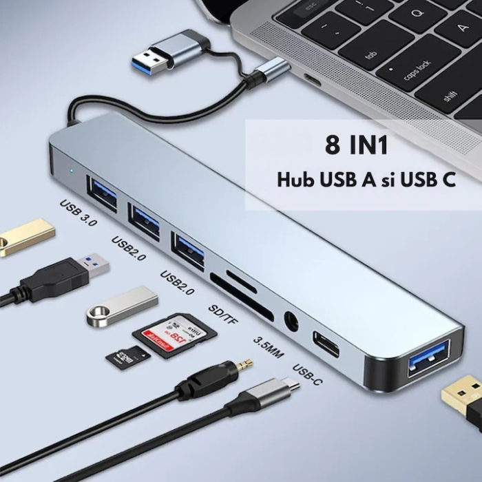 Adaptor Hub USB-C 8 in 1 VarioShop®, din aluminiu, 4x USB 3.0, sloturi microSD/SD, AUX, Power Delivery, Plug & Play, suport 4K, compatibil Windows, Mac, Android, iPad Pro [7]