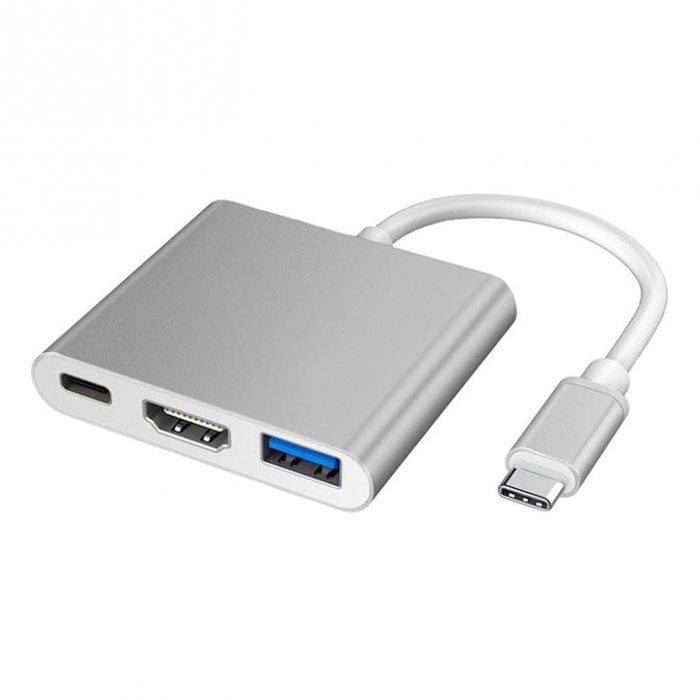 Adaptor Multiport 3 in 1 VarioShop®, USB-C, USB 3.1, HDMI 4K, Plug&Play, 10 Gbps, Hub pentru Laptop, MacBook, Chromebook, Tableta, Portabil, din Aluminiu, Cablu 13 cm, Gri [1]