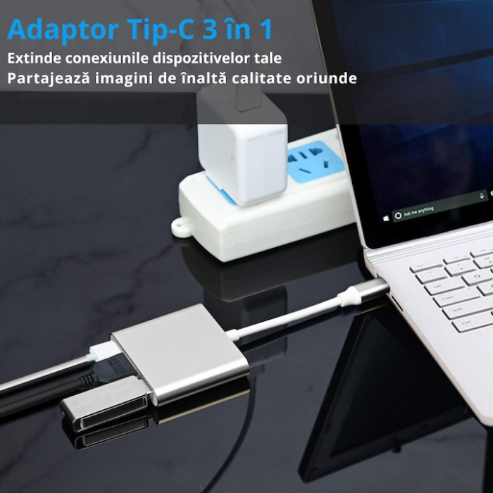 Adaptor Multiport 3 in 1 VarioShop®, USB-C, USB 3.1, HDMI 4K, Plug&Play, 10 Gbps, Hub pentru Laptop, MacBook, Chromebook, Tableta, Portabil, din Aluminiu, Cablu 13 cm, Gri [17]