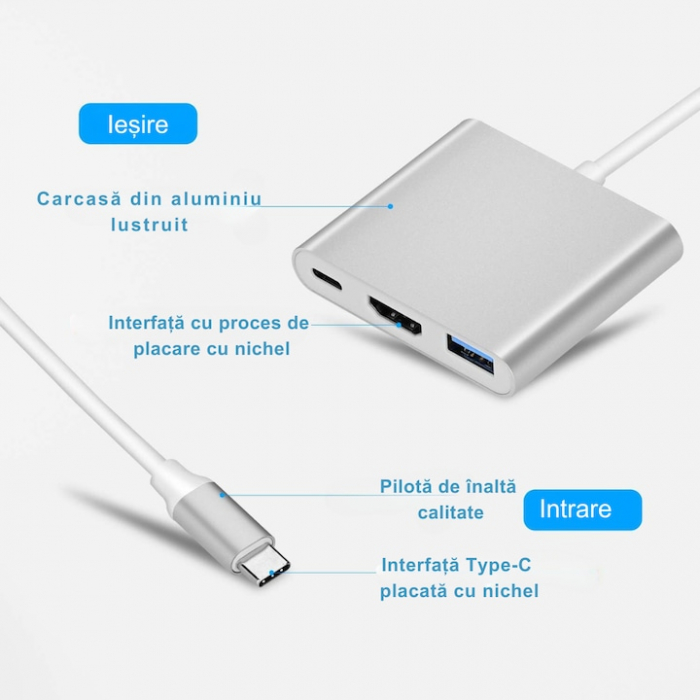 Adaptor Multiport 3 in 1 VarioShop®, USB-C, USB 3.1, HDMI 4K, Plug&Play, 10 Gbps, Hub pentru Laptop, MacBook, Chromebook, Tableta, Portabil, din Aluminiu, Cablu 13 cm, Gri [18]