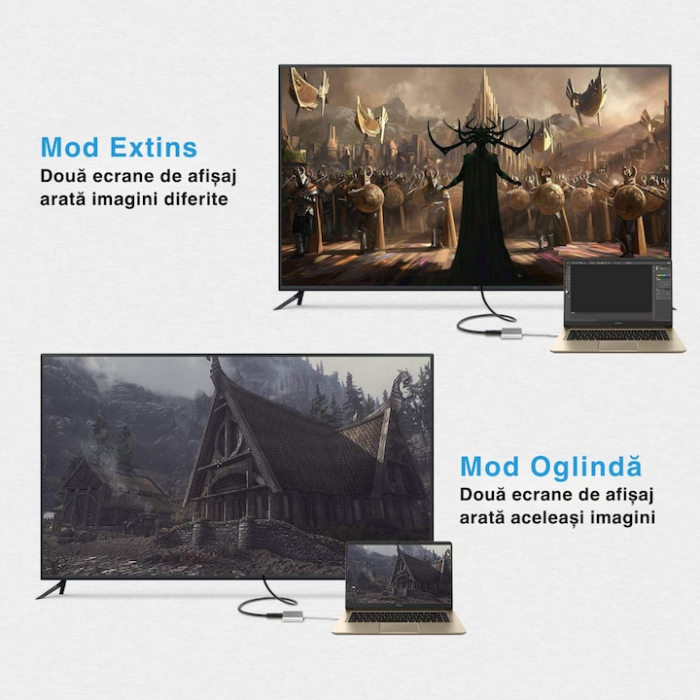 Adaptor Multiport 3 in 1 VarioShop®, USB-C, USB 3.1, HDMI 4K, Plug&Play, 10 Gbps, Hub pentru Laptop, MacBook, Chromebook, Tableta, Portabil, din Aluminiu, Cablu 13 cm, Gri [12]