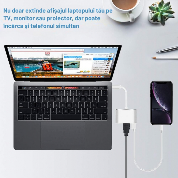 Adaptor Multiport 3 in 1 VarioShop®, USB-C, USB 3.1, HDMI 4K, Plug&Play, 10 Gbps, Hub pentru Laptop, MacBook, Chromebook, Tableta, Portabil, din Aluminiu, Cablu 13 cm, Gri [14]