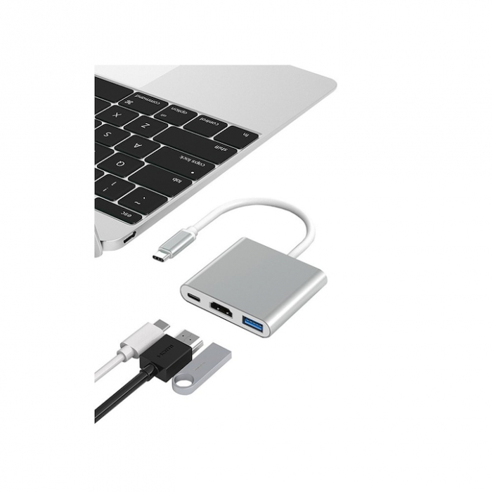 Adaptor Multiport 3 in 1 VarioShop®, USB-C, USB 3.1, HDMI 4K, Plug&Play, 10 Gbps, Hub pentru Laptop, MacBook, Chromebook, Tableta, Portabil, din Aluminiu, Cablu 13 cm, Gri [4]