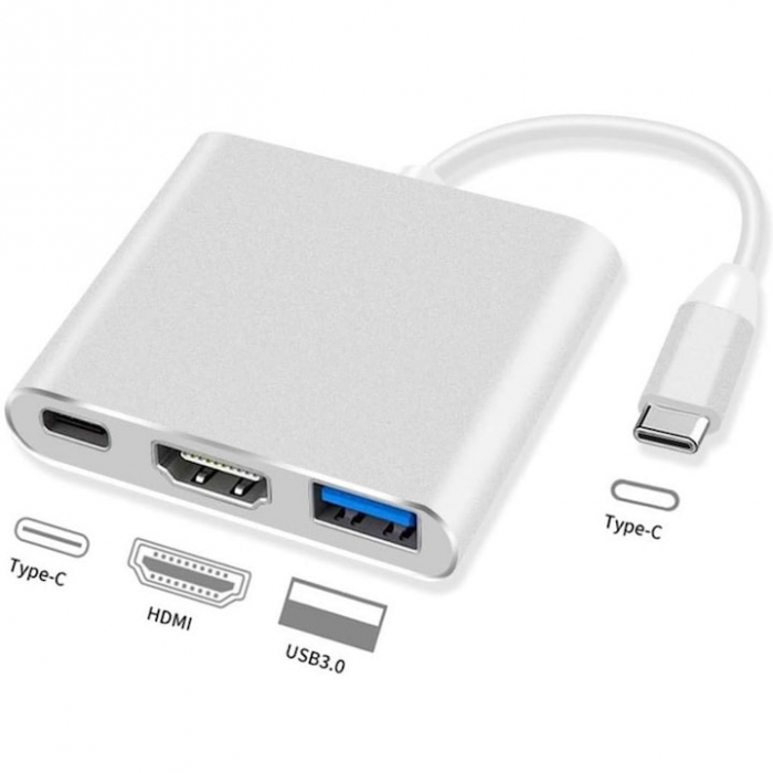 Adaptor Multiport 3 in 1 VarioShop®, USB-C, USB 3.1, HDMI 4K, Plug&Play, 10 Gbps, Hub pentru Laptop, MacBook, Chromebook, Tableta, Portabil, din Aluminiu, Cablu 13 cm, Gri [9]