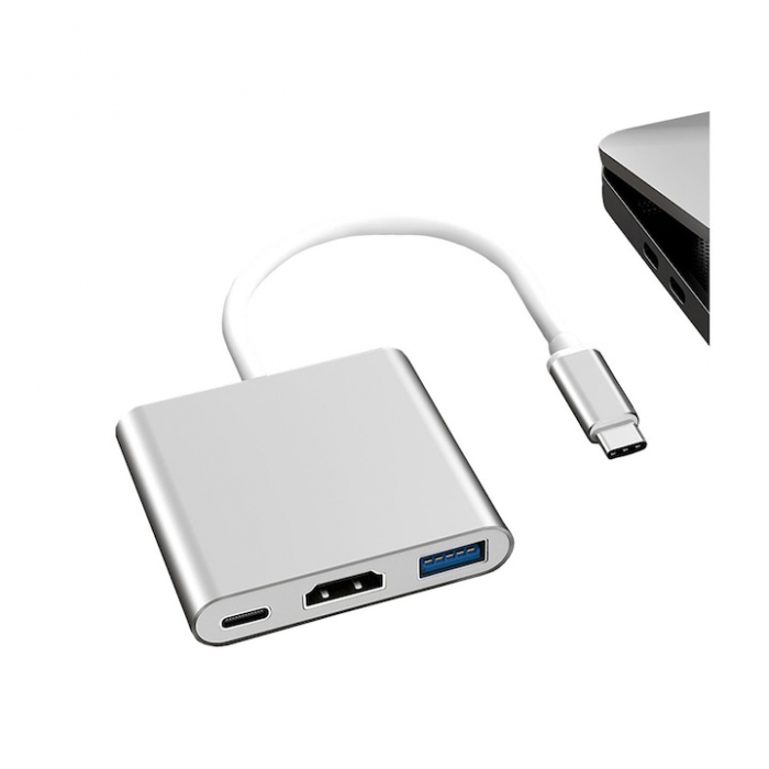 Adaptor Multiport 3 in 1 VarioShop®, USB-C, USB 3.1, HDMI 4K, Plug&Play, 10 Gbps, Hub pentru Laptop, MacBook, Chromebook, Tableta, Portabil, din Aluminiu, Cablu 13 cm, Gri [3]