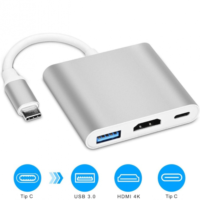 Adaptor Multiport 3 in 1 VarioShop®, USB-C, USB 3.1, HDMI 4K, Plug&Play, 10 Gbps, Hub pentru Laptop, MacBook, Chromebook, Tableta, Portabil, din Aluminiu, Cablu 13 cm, Gri [13]