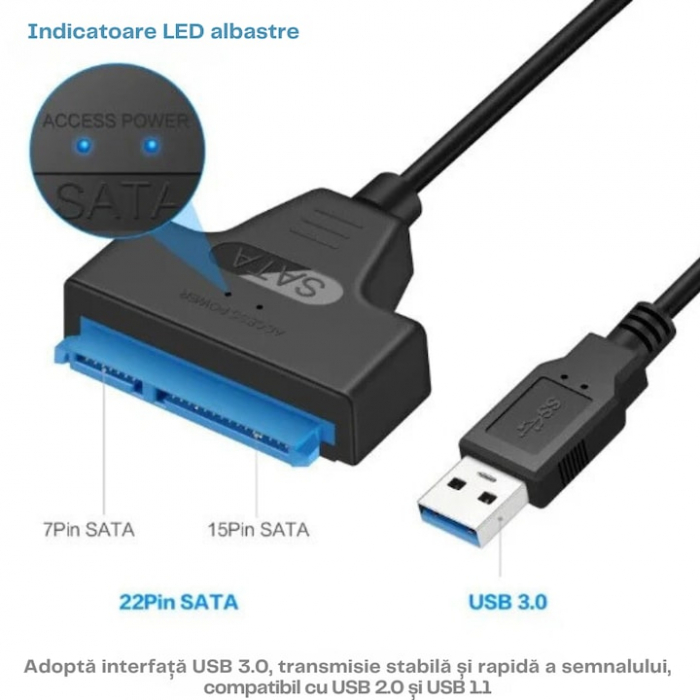 Adaptor USB 3.0 la SATA VarioShop®, Pentru HDD/SSD, Plug and play, Compatibil cu Window/MacBook/Linux, Port de alimentare independent, 32 cm, Negru [3]