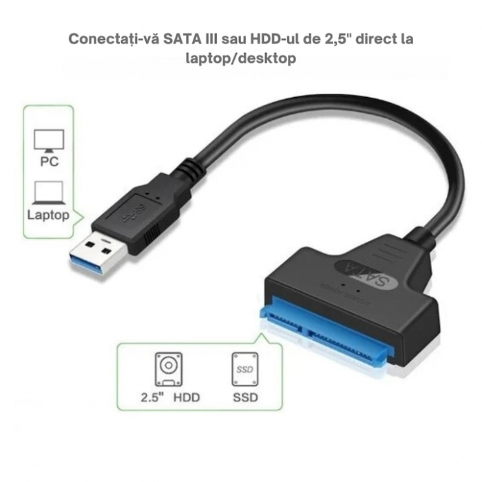 Adaptor USB 3.0 la SATA VarioShop®, Pentru HDD/SSD, Plug and play, Compatibil cu Window/MacBook/Linux, Port de alimentare independent, 32 cm, Negru [4]