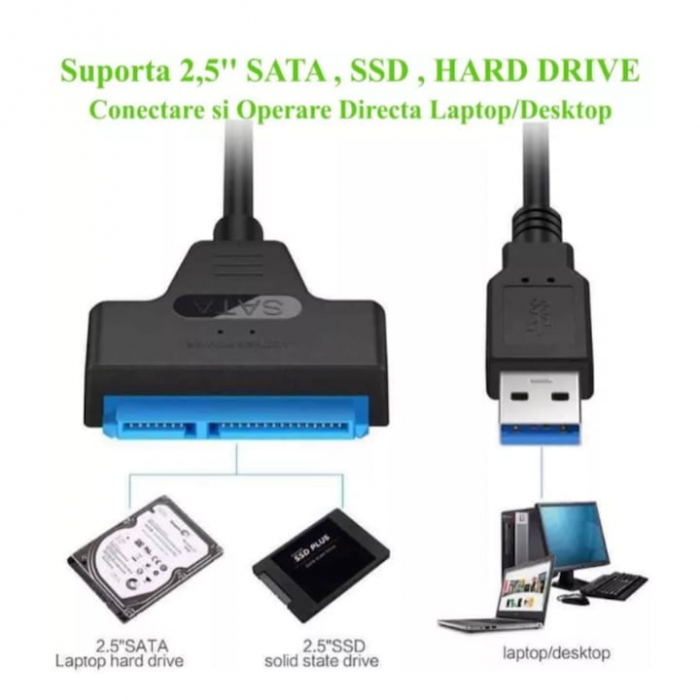 Adaptor USB 3.0 la SATA VarioShop®, Pentru HDD/SSD, Plug and play, Compatibil cu Window/MacBook/Linux, Port de alimentare independent, 32 cm, Negru [5]