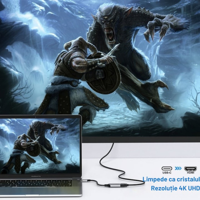 Adaptor USB-C la HDMI VarioShop®, tehnologie Plug and Play, 4K 60Hz, 1000 Mbps, unidirectional, compatibil televizoare, proiectoare, monitoare, Gri/Negru [3]