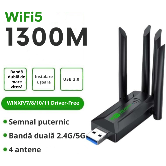 Adaptor Wi-Fi VarioShop®, Dual Band 1300 Mbps USB 3.0, Retea 2.4G si 5G, Conexiune Rapida si Stabila pentru Laptop si PC, 4 antene, Negru [11]