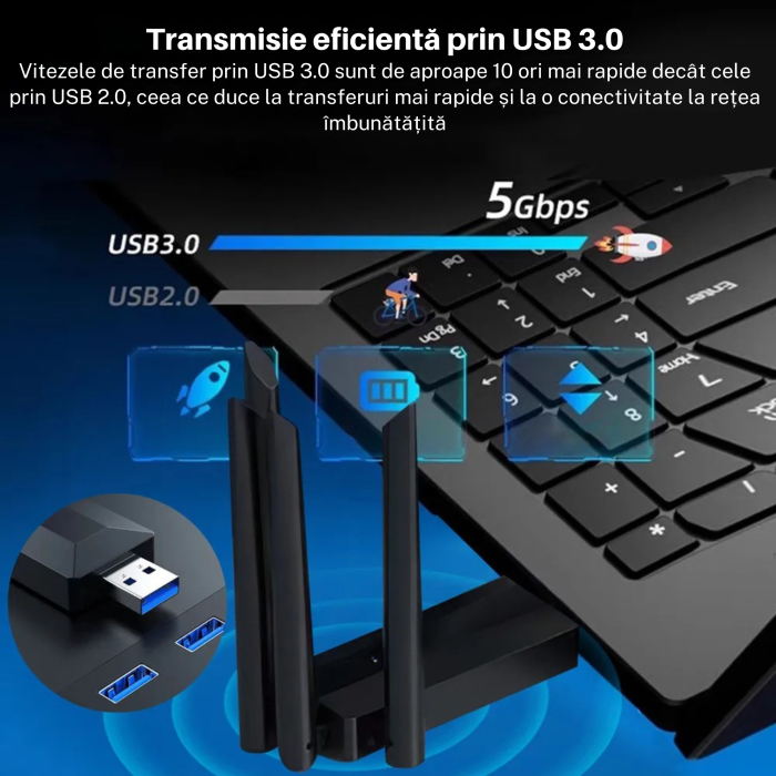 Adaptor Wi-Fi VarioShop®, Dual Band 1300 Mbps USB 3.0, Retea 2.4G si 5G, Conexiune Rapida si Stabila pentru Laptop si PC, 4 antene, Negru [10]