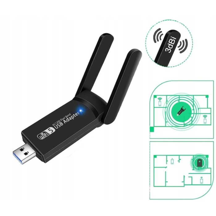 Adaptor wireless VarioShop®, Dual-Band, WiFi Ethernet, Viteza de Transfer 1300Mbps, USB 3.0, Retea 2.4G si 5G, Raza lunga, 2 antene, Negru [5]