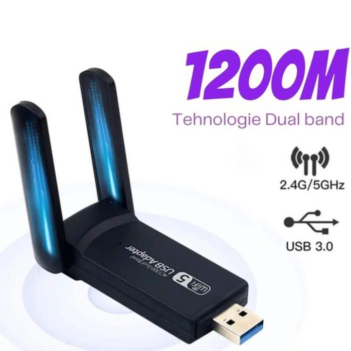 Adaptor wireless VarioShop®, Dual-Band, WiFi Ethernet, Viteza de Transfer 1300Mbps, USB 3.0, Retea 2.4G si 5G, Raza lunga, 2 antene, Negru [4]