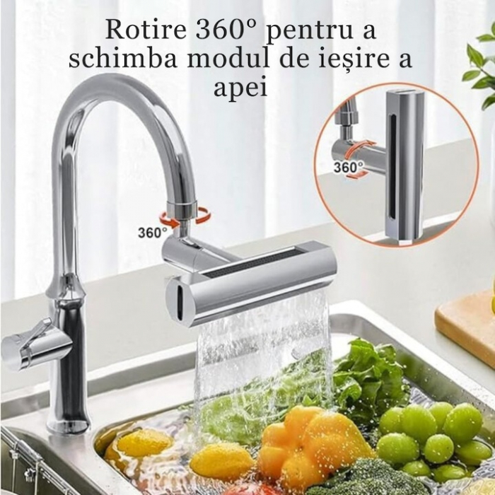 Aerator pentru robinet VarioShop®, 4 moduri de dispersie a apei, rotire 360 grade, filet extermior M22, brat rotativ, 13x12.5cm, Argintiu [8]