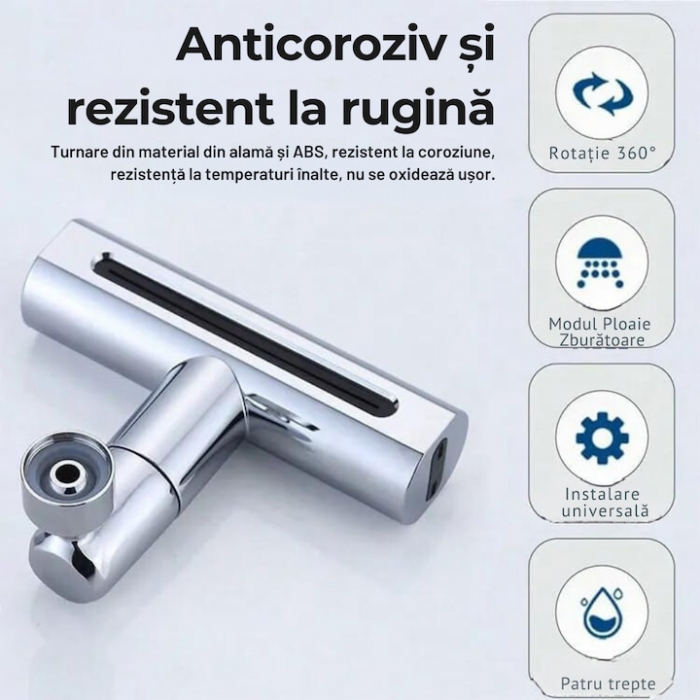 Aerator pentru robinet VarioShop®, 4 moduri de dispersie a apei, rotire 360 grade, filet extermior M22, brat rotativ, 13x12.5cm, Argintiu [9]
