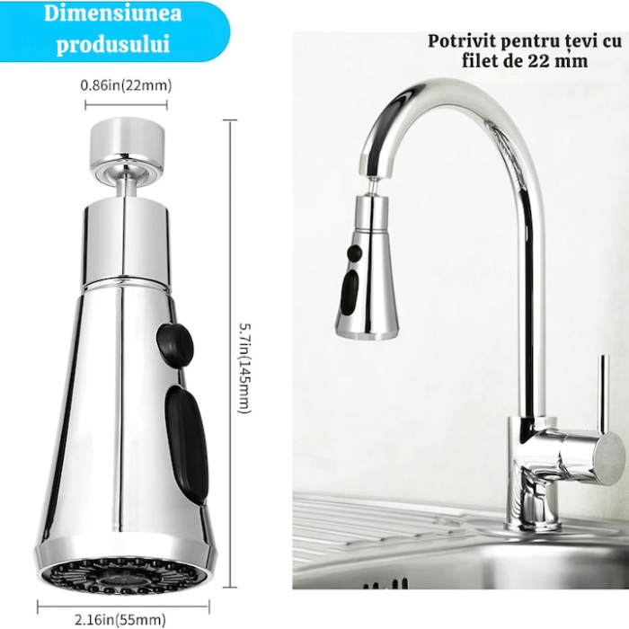 Aerator robinet pivotant VarioShop®, Universal, 3 Moduri de Pulverizare, Filet G1/2, Rotire 360°, Economisirea Apei, Flexibil, Instalare Usoara, Argintiu [4]