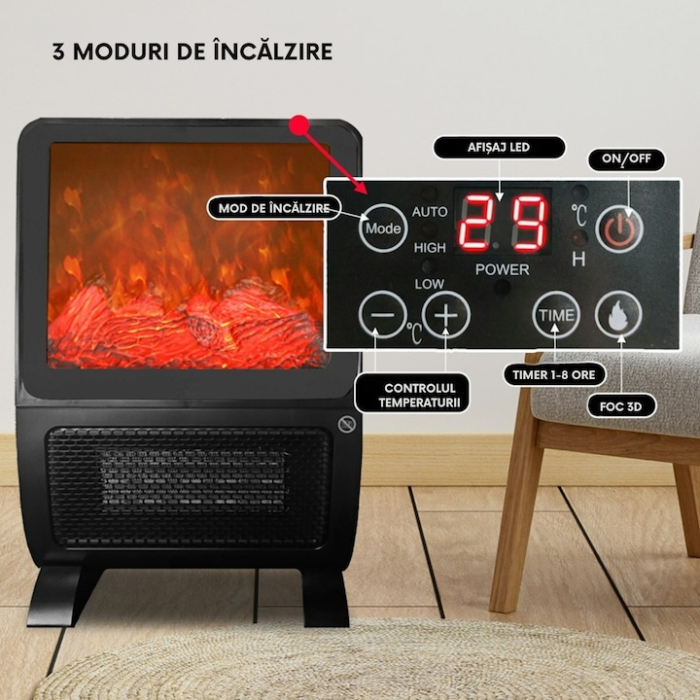 Aeroterma electrica cu efect de semineu 3D VarioShop®, 2000W, flacara realista, incalzire rapida, telecomanda, timer 1–8h, protectie la supraincalzire [2]