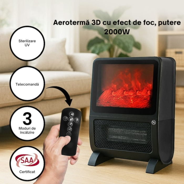 Aeroterma electrica cu efect de semineu 3D VarioShop®, 2000W, flacara realista, incalzire rapida, telecomanda, timer 1–8h, protectie la supraincalzire [3]