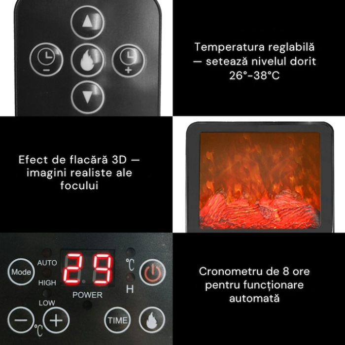 Aeroterma electrica cu efect de semineu 3D VarioShop®, 2000W, flacara realista, incalzire rapida, telecomanda, timer 1–8h, protectie la supraincalzire [4]