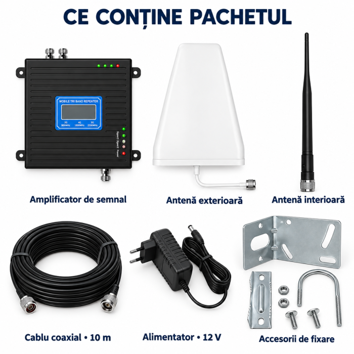 Amplificator semnal GSM VarioShop®, pentru interior, cu antena exterioara LPDA 20 dBi, antena interioara 5 dBi, afisaj LCD, cablu 10 m, alimentator 12V, negru [6]
