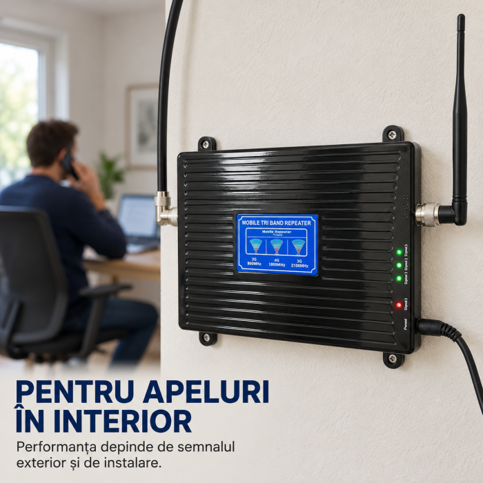 Amplificator semnal GSM VarioShop®, pentru interior, cu antena exterioara LPDA 20 dBi, antena interioara 5 dBi, afisaj LCD, cablu 10 m, alimentator 12V, negru [9]