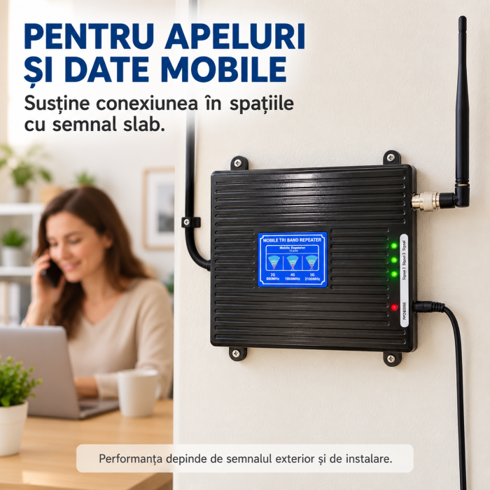 Amplificator semnal GSM VarioShop®, pentru interior, cu antena exterioara LPDA 20 dBi, antena interioara 5 dBi, afisaj LCD, cablu 10 m, alimentator 12V, negru [2]
