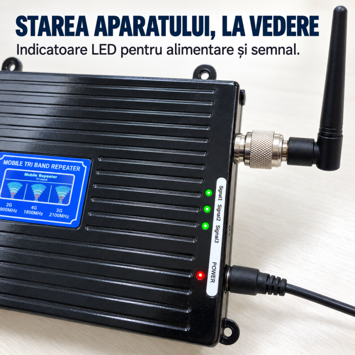 Amplificator semnal GSM VarioShop®, pentru interior, cu antena exterioara LPDA 20 dBi, antena interioara 5 dBi, afisaj LCD, cablu 10 m, alimentator 12V, negru [5]