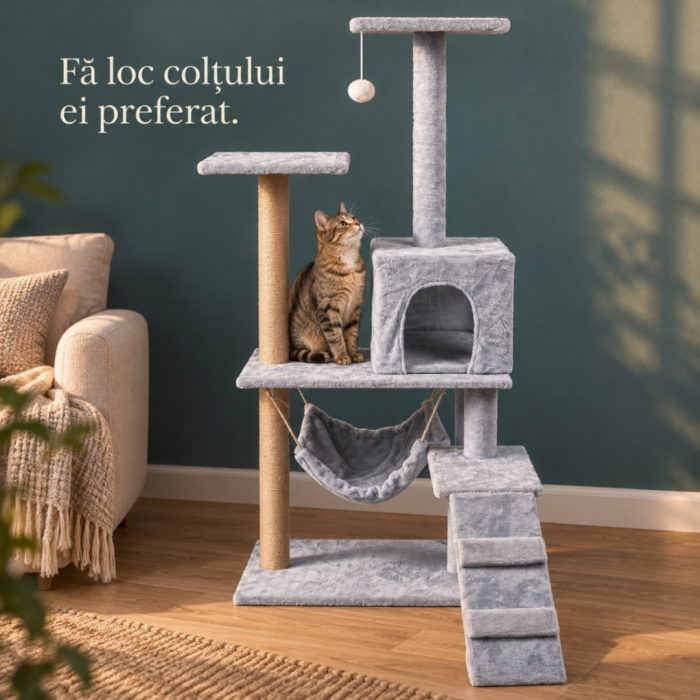 Ansamblu de zgariat pentru pisici VarioShop®, turn cu 4 niveluri, casuta, pat, 2 platforme de observatie, trepte, stalpi cu sisal si jucarie, gri [6]