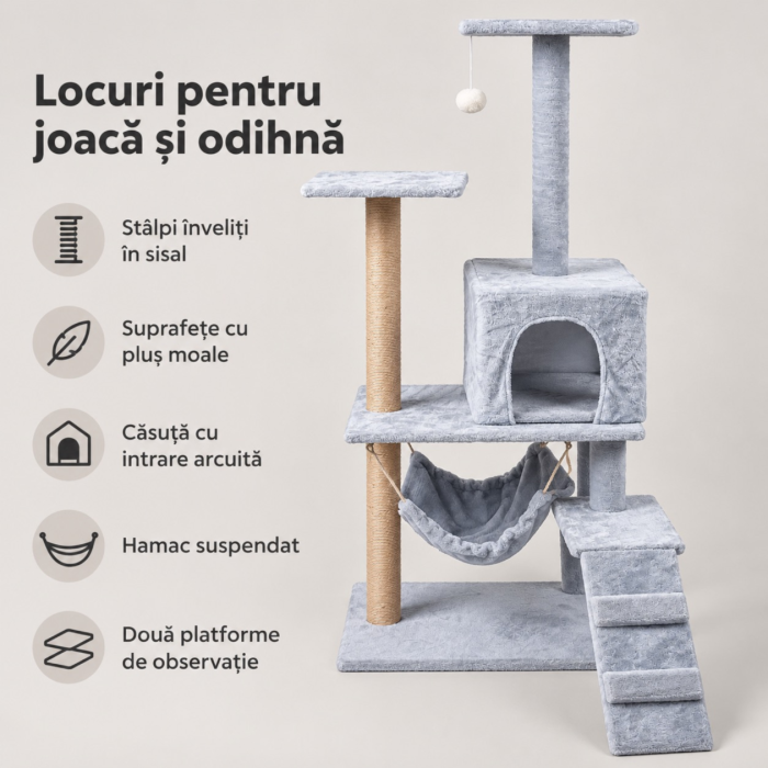 Ansamblu de zgariat pentru pisici VarioShop®, turn cu 4 niveluri, casuta, pat, 2 platforme de observatie, trepte, stalpi cu sisal si jucarie, gri [2]
