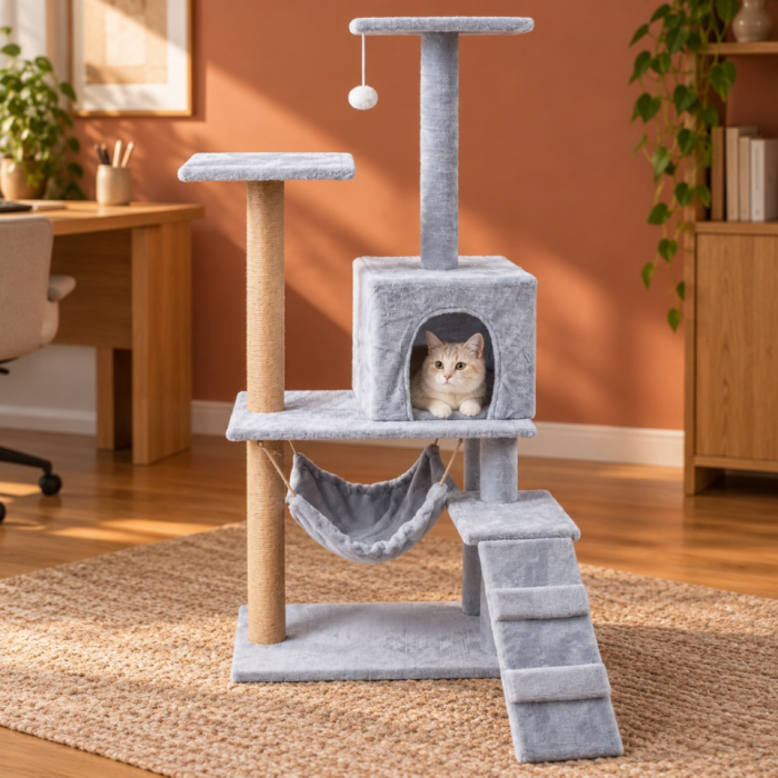 Ansamblu de zgariat pentru pisici VarioShop®, turn cu 4 niveluri, casuta, pat, 2 platforme de observatie, trepte, stalpi cu sisal si jucarie, gri [8]