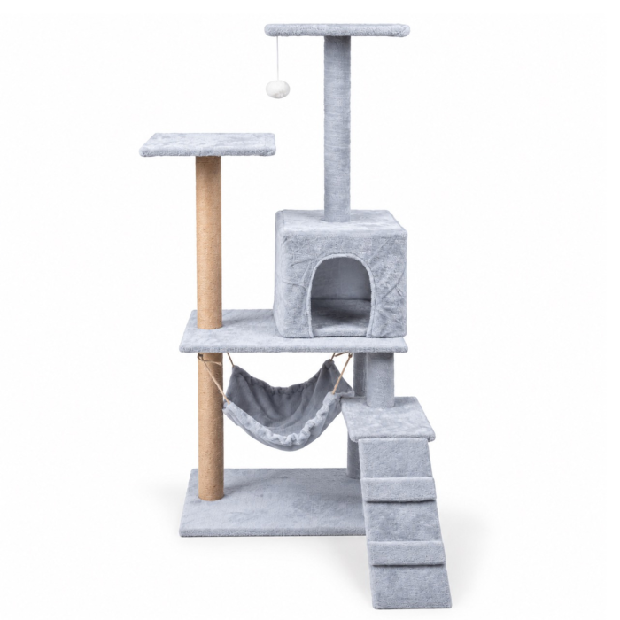 Ansamblu de zgariat pentru pisici VarioShop®, turn cu 4 niveluri, casuta, pat, 2 platforme de observatie, trepte, stalpi cu sisal si jucarie, gri [9]