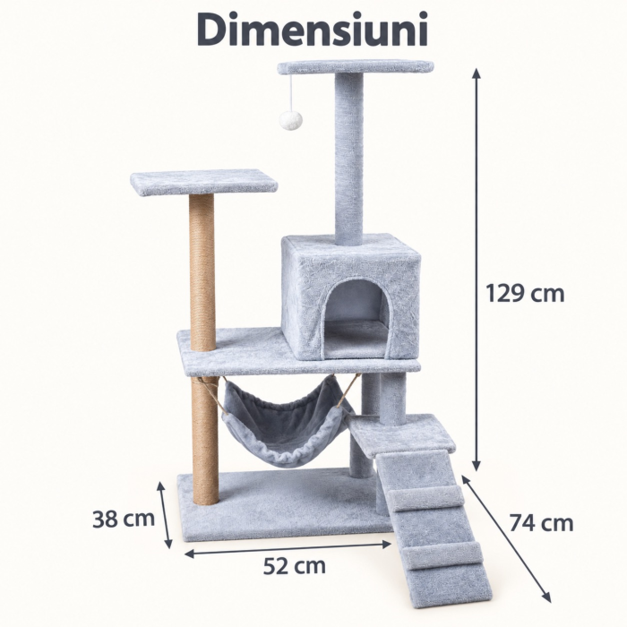 Ansamblu de zgariat pentru pisici VarioShop®, turn cu 4 niveluri, casuta, pat, 2 platforme de observatie, trepte, stalpi cu sisal si jucarie, gri [3]