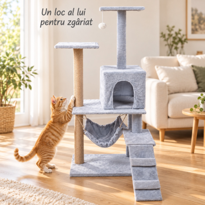 Ansamblu de zgariat pentru pisici VarioShop®, turn cu 4 niveluri, casuta, pat, 2 platforme de observatie, trepte, stalpi cu sisal si jucarie, gri [5]